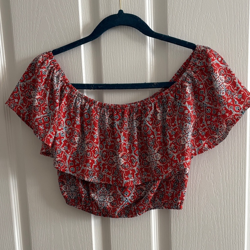 Hollister Red Off-Shoulder Ruffle Crop Top with Pattern